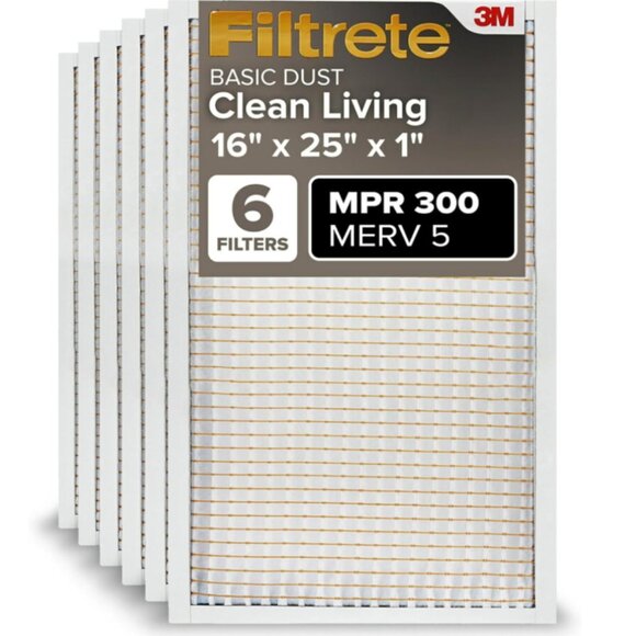 Filtrete 16X25X1 AC Furnace Air Filter,‎ MERV 5, MPR 300, 6-Pack Electrostatic - Picture 1 of 4